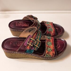 L'Artiste Spring Step Tigrida Leather Slides Floral Hand Painted Sandals Size 36